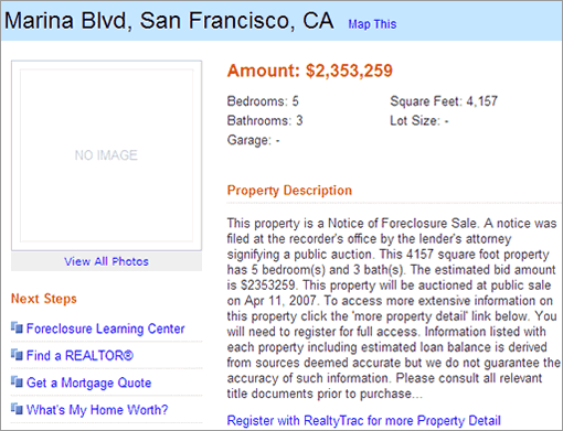 Yahoo Foreclosure Center: Example Listing